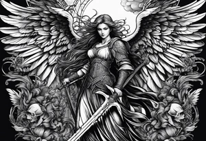 Angel with long sword on a pile of dead demons in etchwork style sleeve tattoo idea