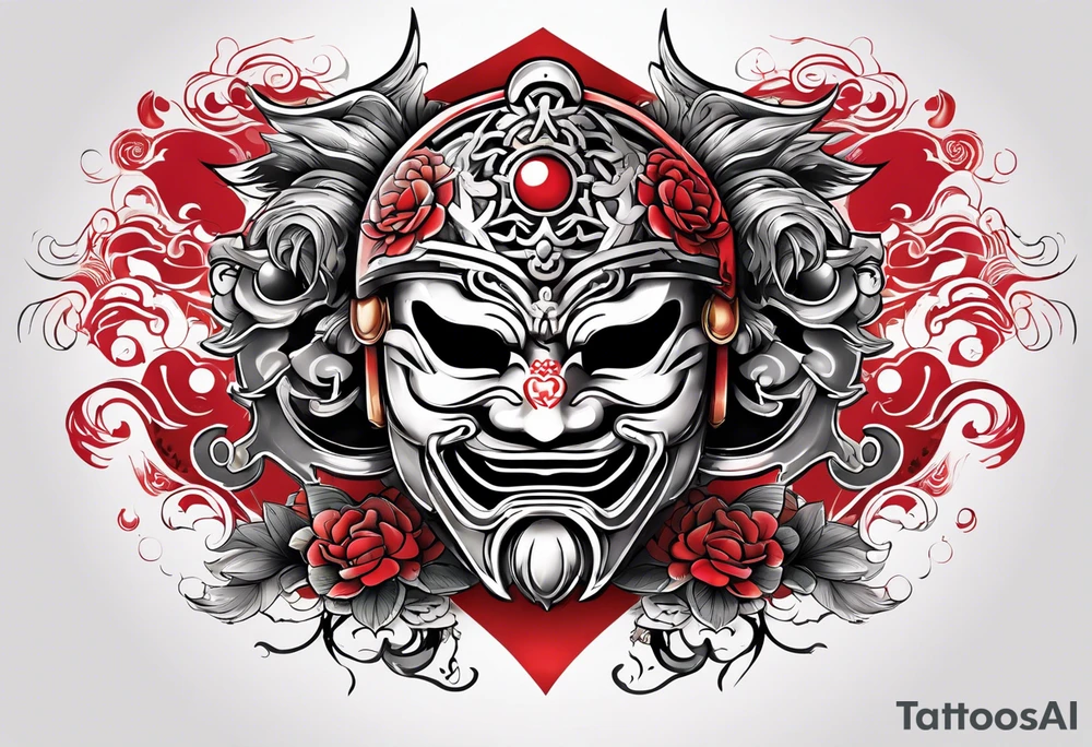 some Japanese symbols meaning love or peace and a Japanese style mask or helmet with sword tattoo idea