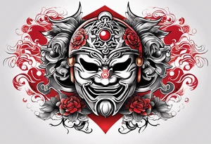 some Japanese symbols meaning love or peace and a Japanese style mask or helmet with sword tattoo idea