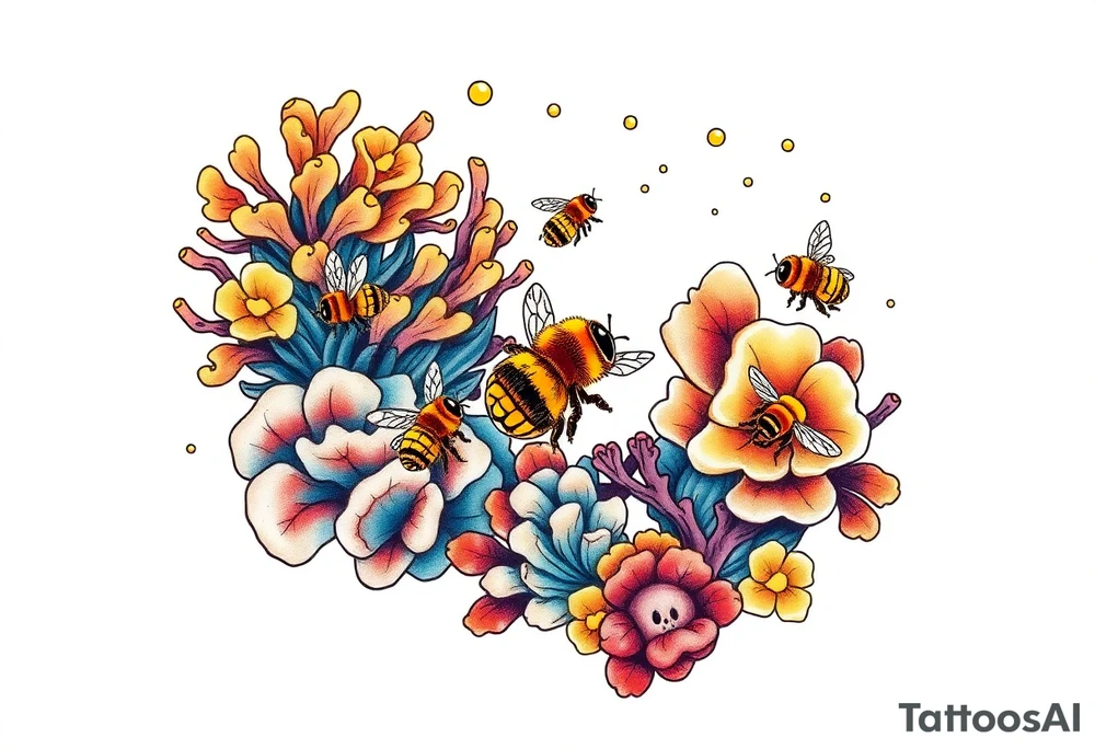 Coral reef scene with honey bees swimming tattoo idea