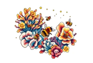 Coral reef scene with honey bees swimming tattoo idea