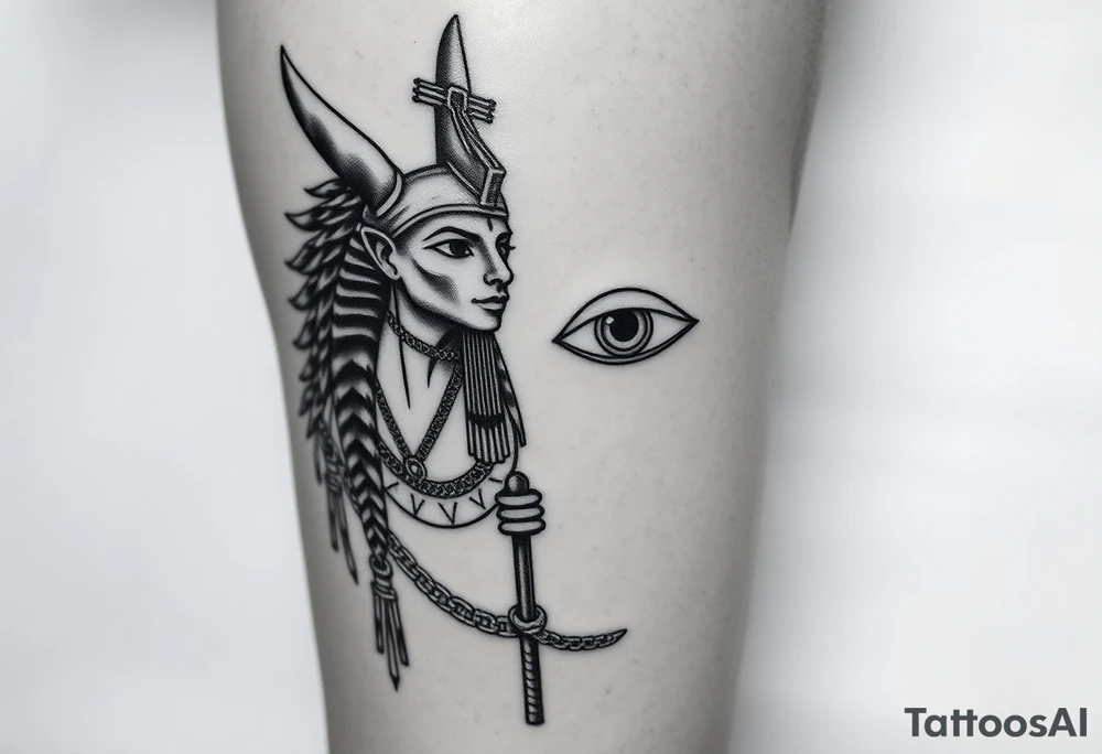"Anubis as gold chains, Crip bandana. His staff is a satellite antenna. Floating Eye of Horus is a blockchain audit log.  

Style: Hyper-detailed blackwork. Thigh/calf placement." tattoo idea