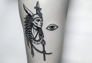 "Anubis as gold chains, Crip bandana. His staff is a satellite antenna. Floating Eye of Horus is a blockchain audit log.  

Style: Hyper-detailed blackwork. Thigh/calf placement." tattoo idea