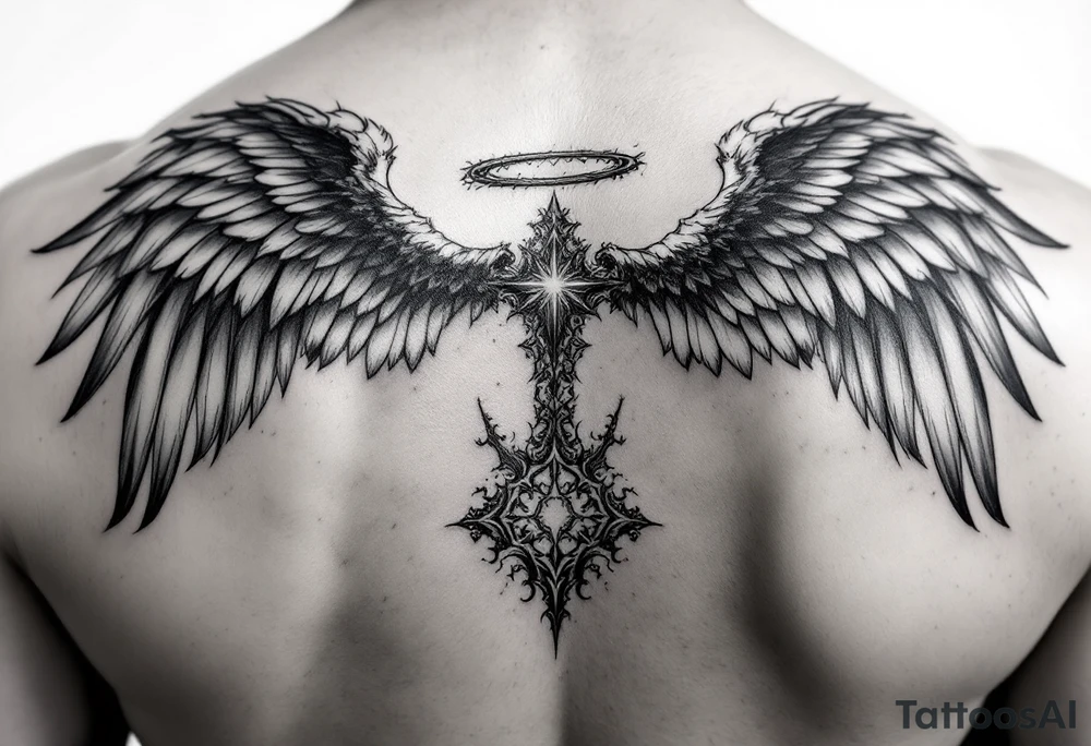 Angel on shoulder with wings going over chest and shoulder blade tattoo idea