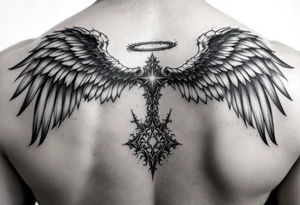 Angel on shoulder with wings going over chest and shoulder blade tattoo idea