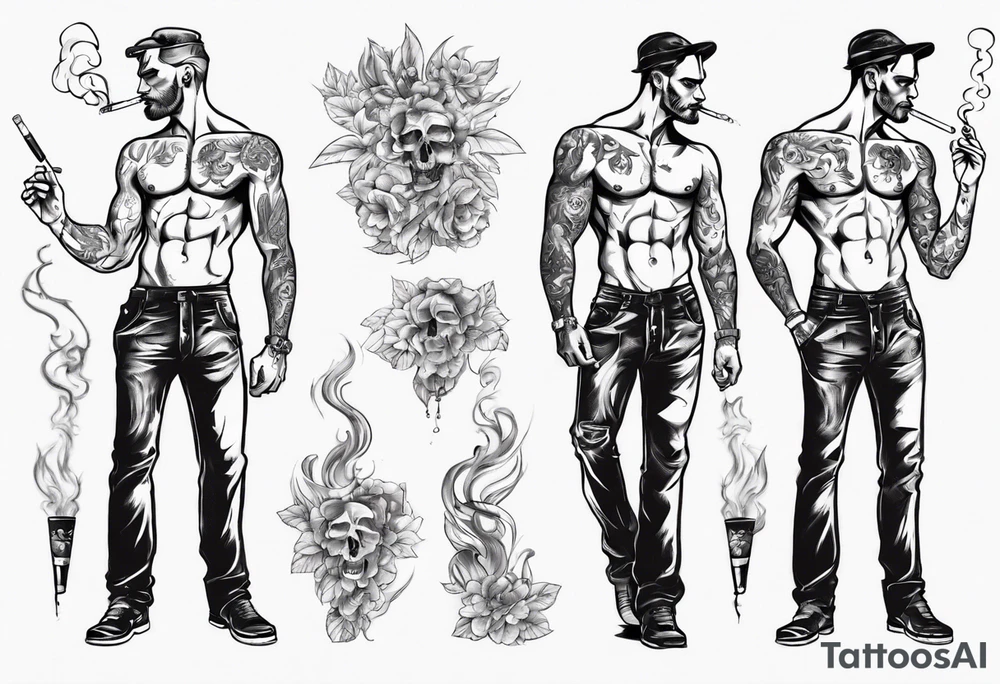 One handsome man with a bare torso, full-length, no hat, earrings in his ears stands smoking a cigarette tattoo idea