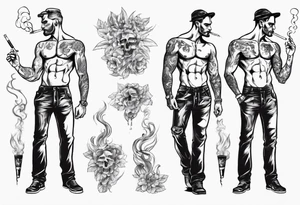 One handsome man with a bare torso, full-length, no hat, earrings in his ears stands smoking a cigarette tattoo idea