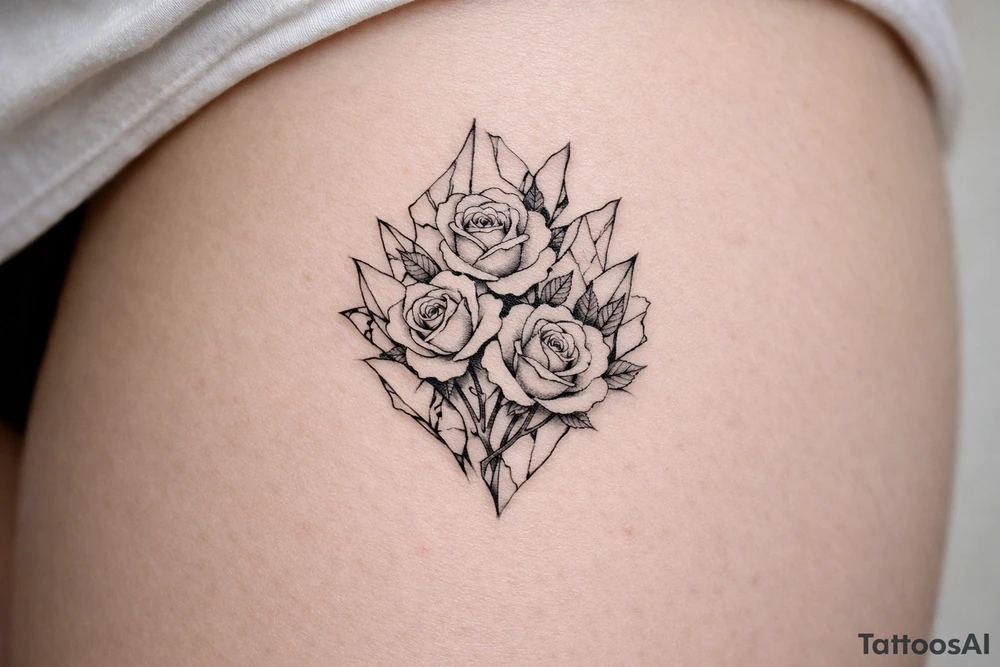 Roses blooming within jagged, shattered mirror shards, sharp edges. tattoo idea
