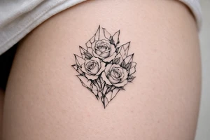 Roses blooming within jagged, shattered mirror shards, sharp edges. tattoo idea