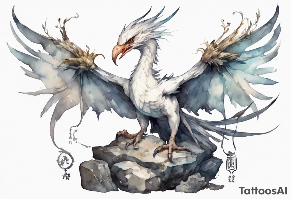 a white bird-wyvern hybrid, wearing an iron crown, perched on a stone tattoo idea