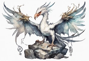 a white bird-wyvern hybrid, wearing an iron crown, perched on a stone tattoo idea