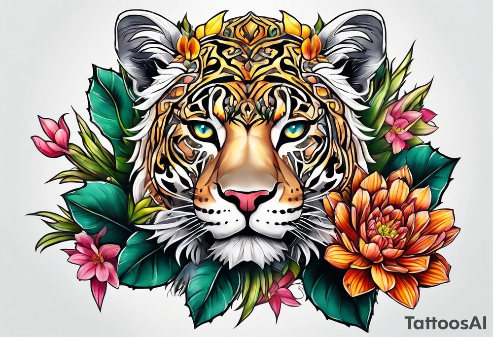 Leão animal, cactos, flor tattoo idea