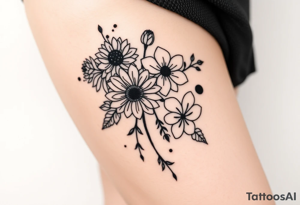 Honeysuckle, marigold, chrysanthemum, and violet bouquet tattoo idea