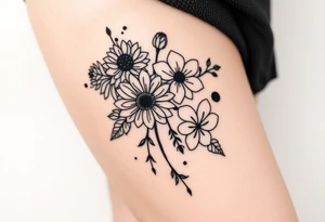 Honeysuckle, marigold, chrysanthemum, and violet bouquet tattoo idea