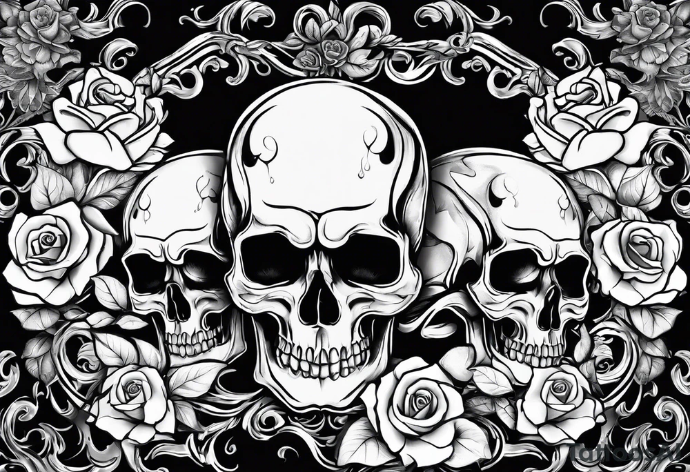 I want three skulls stepped on top of each other melting into each other with the background being roses tattoo idea