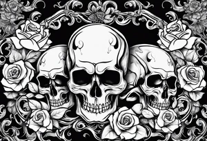 I want three skulls stepped on top of each other melting into each other with the background being roses tattoo idea
