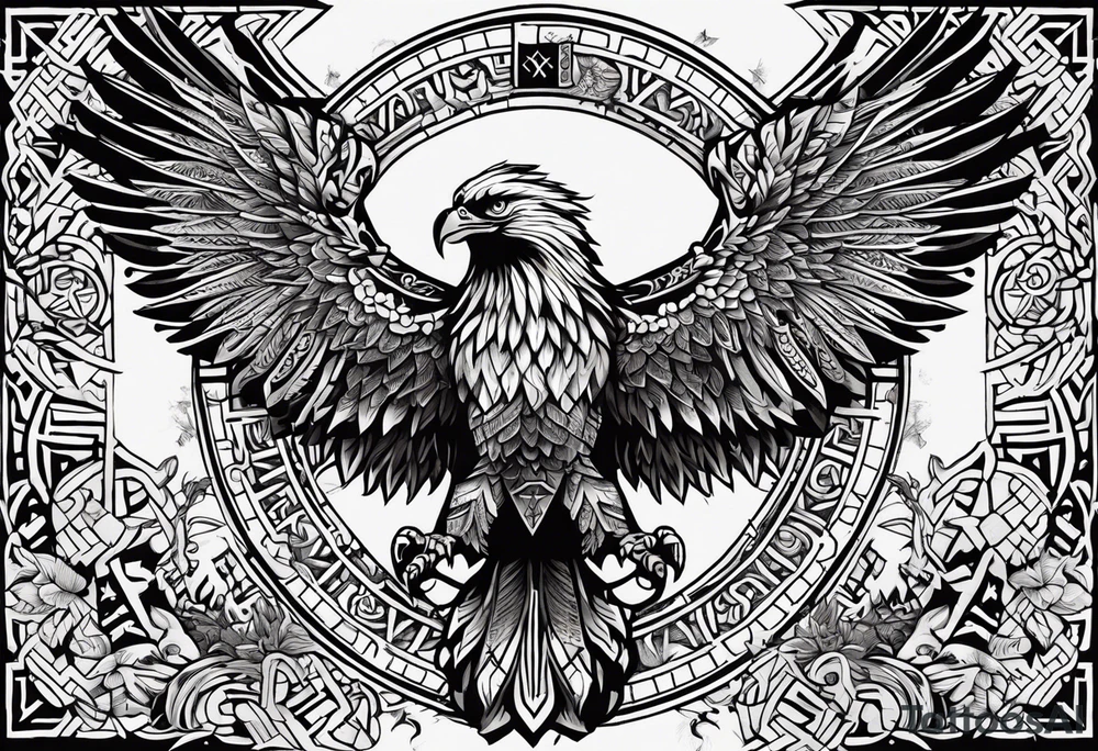 Polish eagle surrounded by viking runes sitting on the tree of life, scattered random geometric shapes and ancient artifacts, include Bruce Springsteens simply the best song tattoo idea