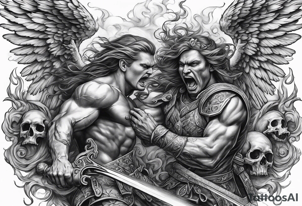 Angels fighting demons over fire with skulls in the background tattoo idea