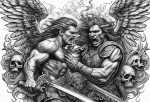 Angels fighting demons over fire with skulls in the background tattoo idea