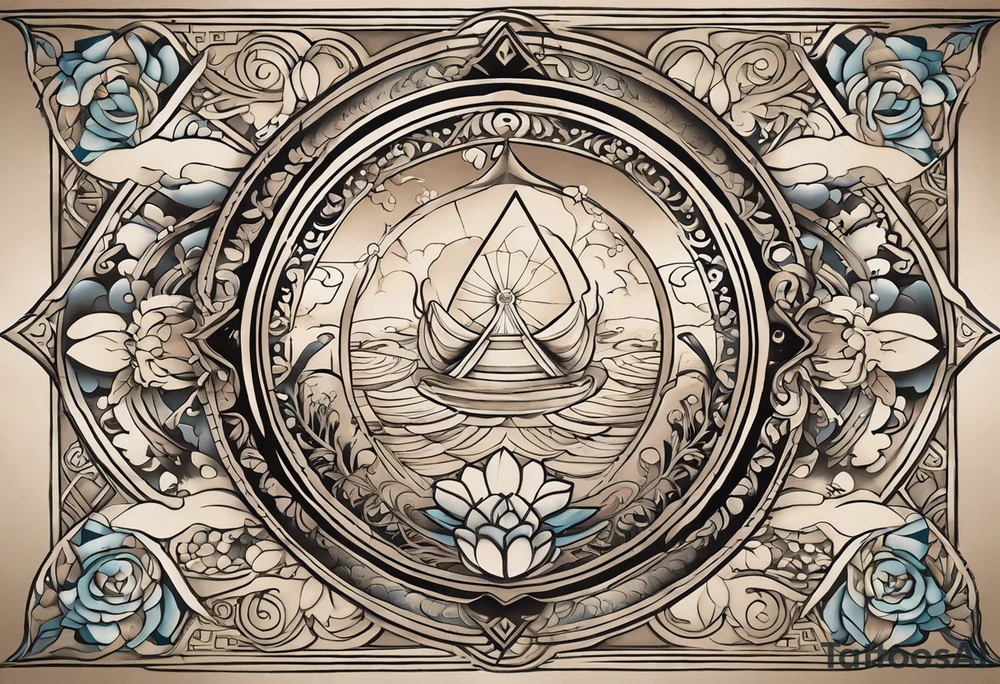 Tattoo Design Instructions:

Central Hourglass: Place in the middle; dark sand at the top, light sand flowing down.
Lotus Flower: Grow from the base of the hourglass, symbolizing growth from hardship.
Family Scene: On one side, depict two boys holding hands, looking up at a larger protective mother figure.
Betrayal Symbolism: Add a broken chain near the hourglass's bottom; a rising phoenix beside it.
Pathway of Growth: A path with stepping stones leading upwards; include a koi fish, crane, and yin-yang symbols.
Asian Elements: Scatter cherry blossoms, waves, and wind patterns; add Kanji for key values like "loyalty" and "strength."
Color and Style: Use black and grey with hints of pink, white, and orange.
Placement: Best as a sleeve or back piece for full detail and flow. tattoo idea