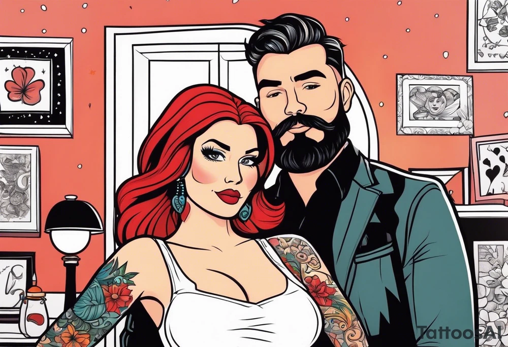 Busty Red haired woman with black haired bearded man tattoo idea