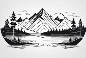 Design a symmetrical tattoo featuring a serene mountain landscape with a winding river and delicate trees, creating a balanced and harmonious composition tattoo idea