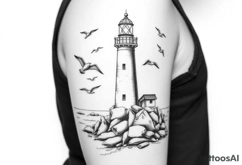 upper arm tattoo sea with lighthouse surrounded by seagulls tattoo idea