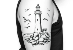 upper arm tattoo sea with lighthouse surrounded by seagulls tattoo idea