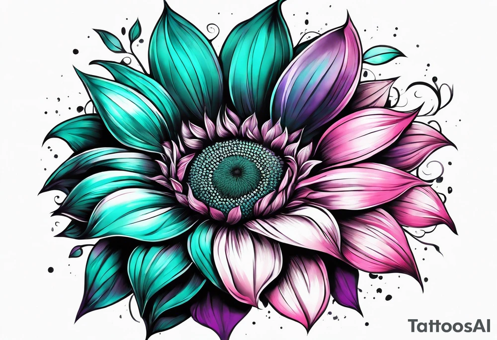 Teal, pink and purple sunflower sleeve tattoo idea