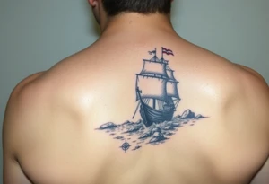 A tattered galleon ship sailing toward a stormy and rocky shore and a compass pointing home tattoo idea