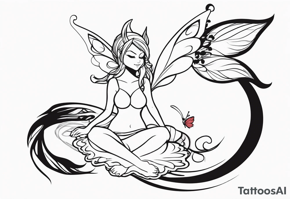 A fairy with a tail inspired by the logo of the show called Fairy Tail in a fetal position leaning in tattoo idea
