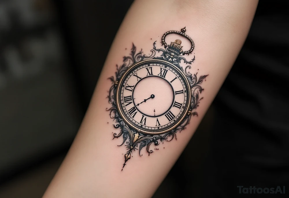 An ornate clock face with a missing hour, representing life's mysteries and unknown destiny. tattoo idea