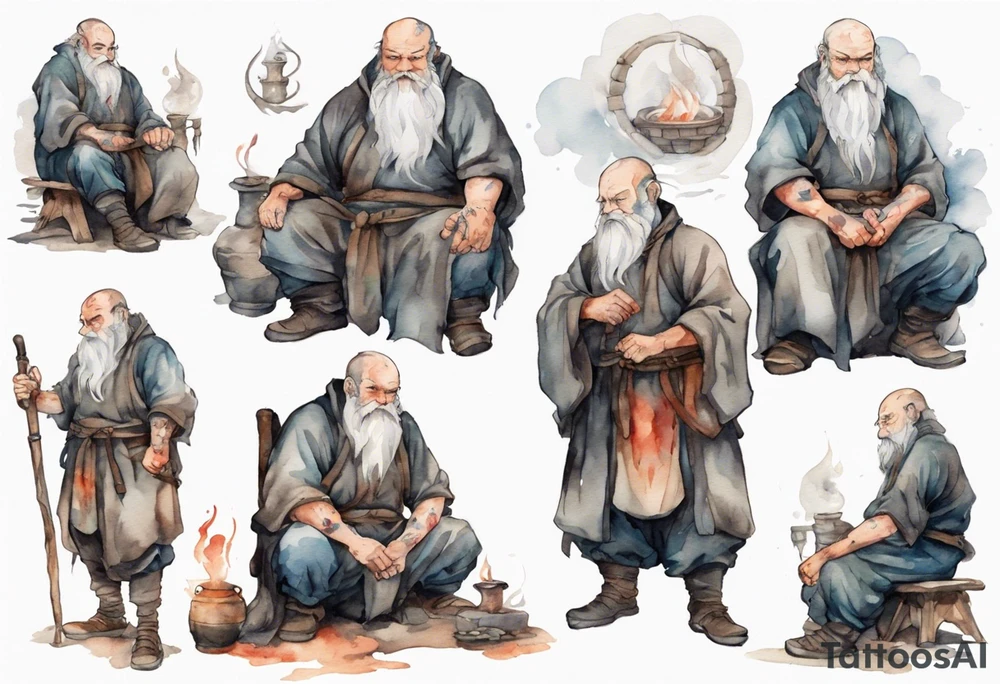 a large Medieval man with a grey beard sitting by the hearth tattoo idea