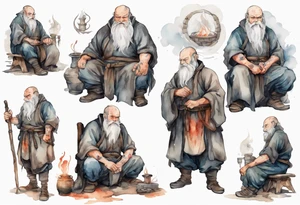 a large Medieval man with a grey beard sitting by the hearth tattoo idea