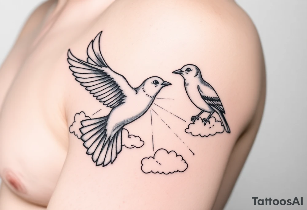 Dove and a blue jay, clouds, shining light to or from heaven tattoo idea