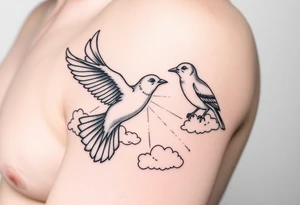 Dove and a blue jay, clouds, shining light to or from heaven tattoo idea