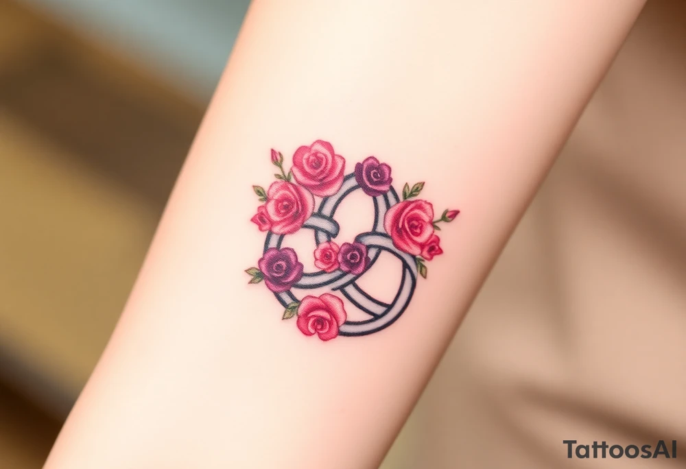 Celtic Trinity knot with a flower crown going through it made out of tiny maroon and blush pink colored roses tattoo idea