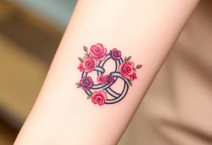 Celtic Trinity knot with a flower crown going through it made out of tiny maroon and blush pink colored roses tattoo idea