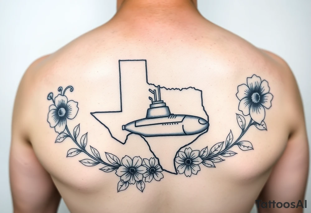 Texas, Connecticut, and Washington. You could also include a small submarine traveling between them.
•	Floral Elements: Incorporate state flowers—bluebonnet (Texas), mountain laurel (Connecticut), and coast rhododendron (Washington)—around the portrait. tattoo idea