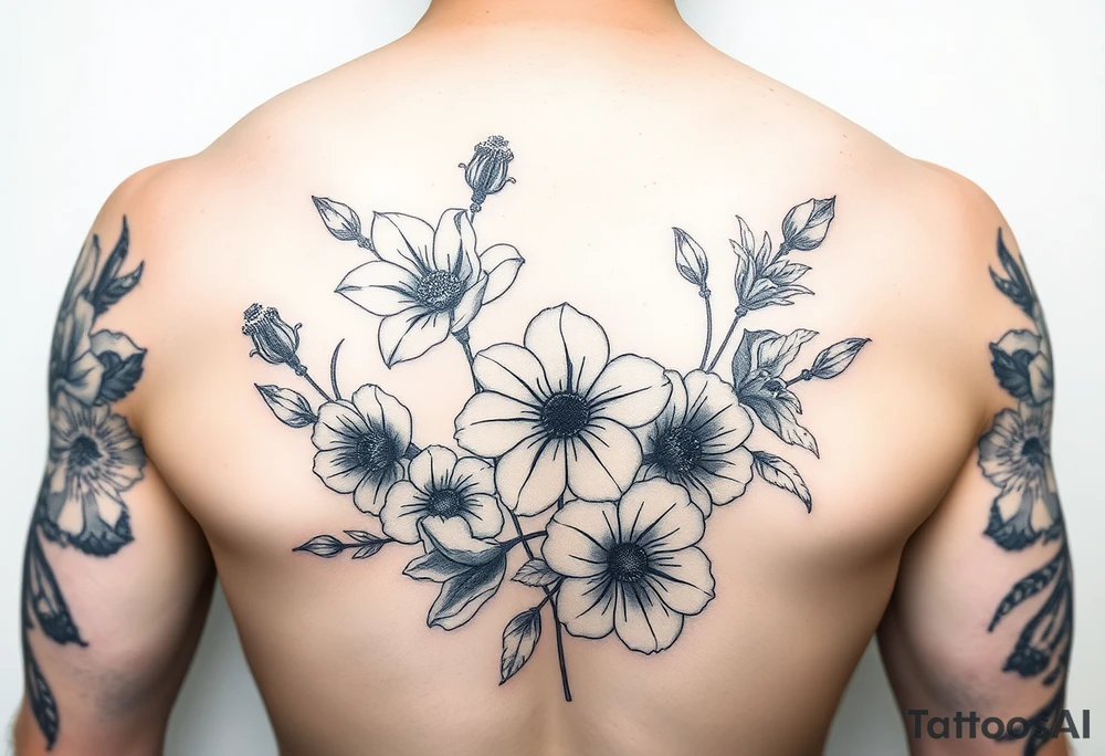 Upper arm and shoulder sleeve
Realistic
Water color
Fine line
Birth flowers for the months of
February 
July
August
October
December tattoo idea