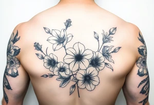 Upper arm and shoulder sleeve
Realistic
Water color
Fine line
Birth flowers for the months of
February 
July
August
October
December tattoo idea