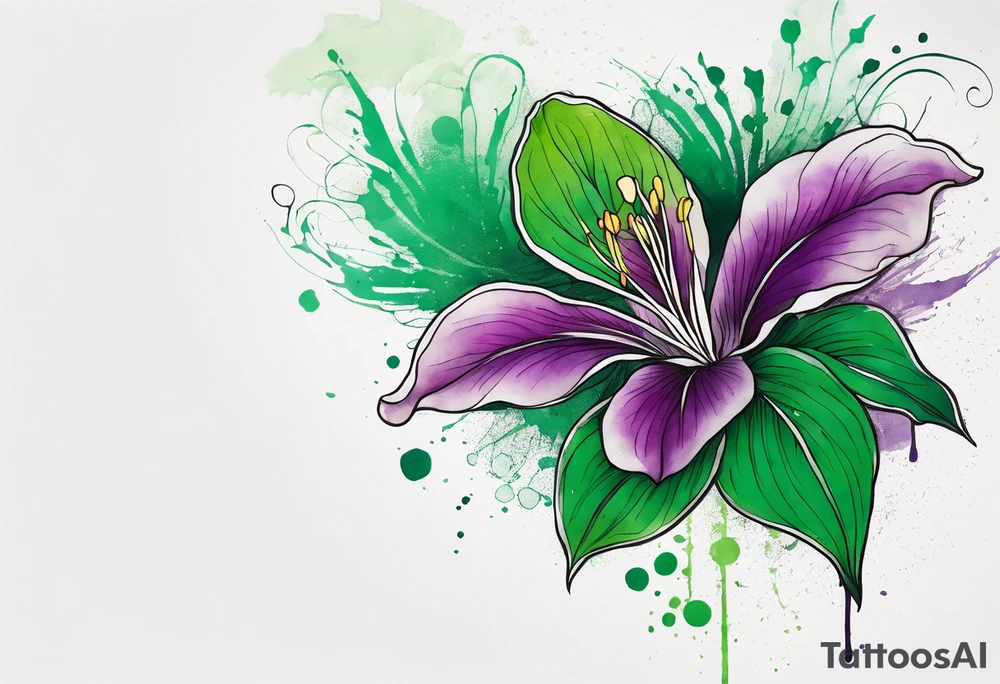 An outline of an only green rio dipladenia flower and a green and purple watercolor splash in the background tattoo idea