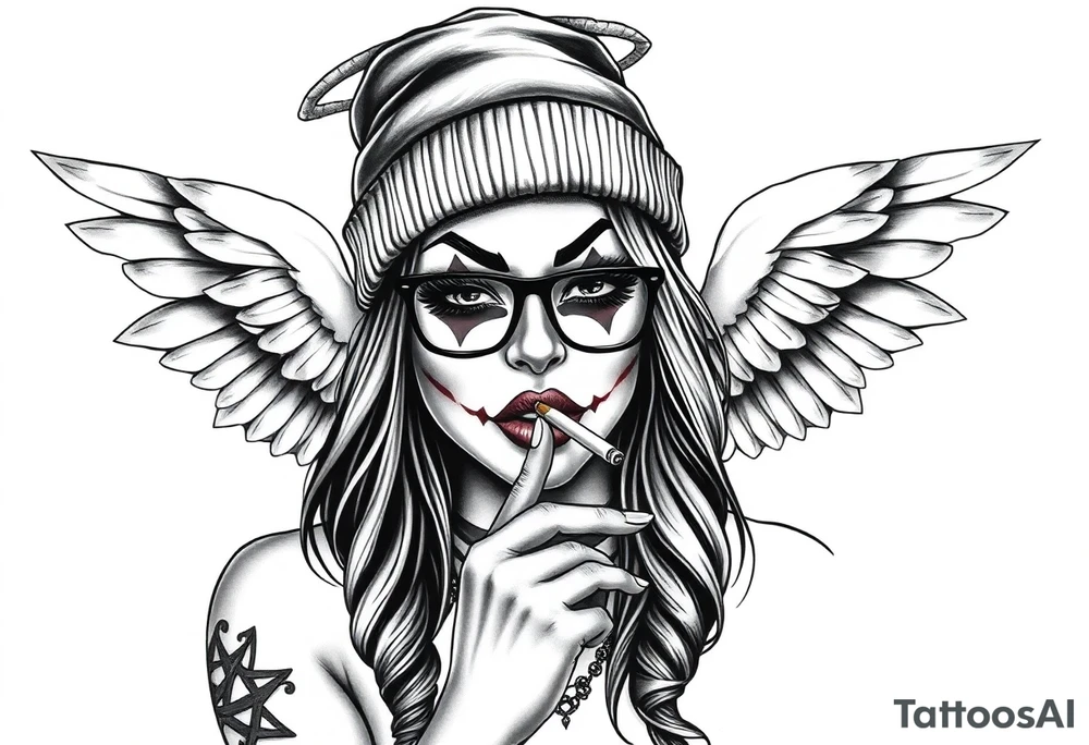 Chicana sexy chunky plus size beautiful long hair clown makeup angel wings thug beanie eyeglasses smoking a cigarette tattoo idea