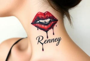 Seductive Stain from lipstick kiss with name Reney lowercase with drool tattoo idea
