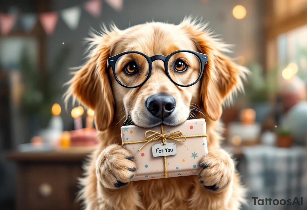 Picture a playful golden retriever wearing cute round reading glasses, holding a neatly wrapped gift box in its mouth. A small tag on the box says “For You.” Behind the dog is a festive table with a birthday cake, candles, and party decorations. The retriever looks clever and kind, like a well-mannered guest at a cozy celebration. A cheerful message floats above:
“Wishing you joy, health, and puppy kisses on your 80th birthday – from the whole Albi team!”
The illustration has a light-hearted, cartoon-like charm, making it perfect for bringing smiles and laughter. tattoo idea