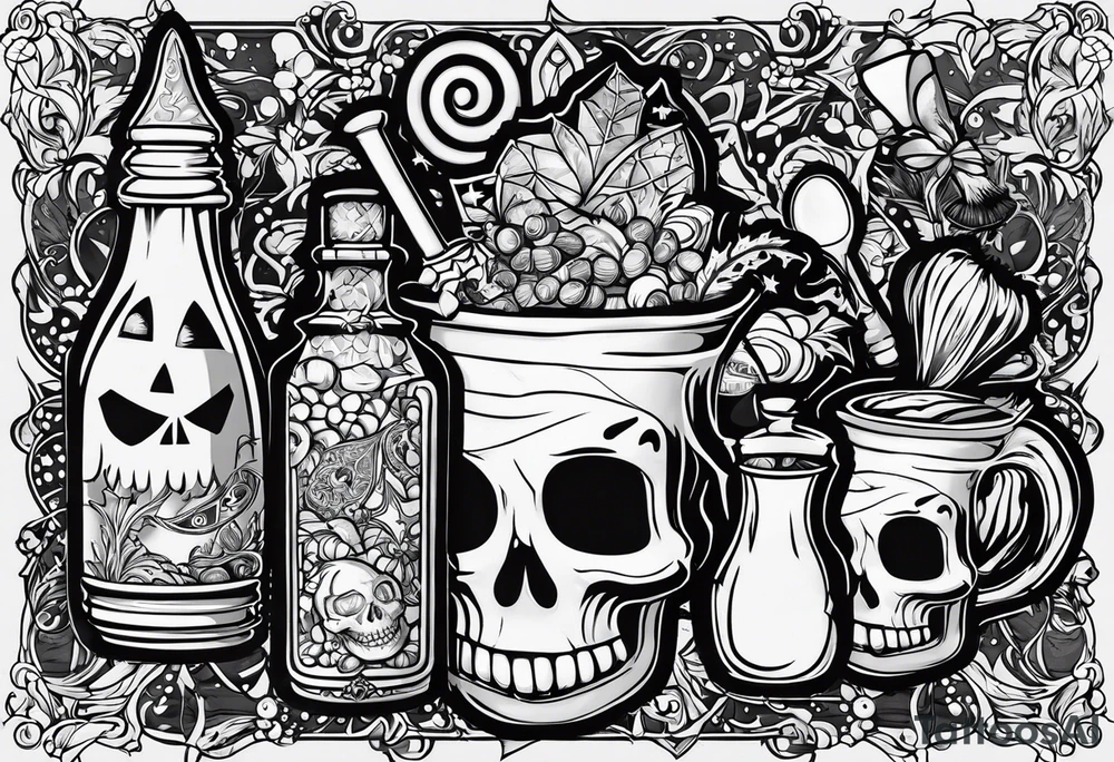 Trick or treat, 20 oz tumbler banner design, candy, minimalist, potions, brew, broom tattoo idea