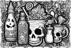 Trick or treat, 20 oz tumbler banner design, candy, minimalist, potions, brew, broom tattoo idea