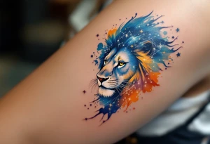 A fierce lion outlined in stardust white roams across a watercolor canvas of midnight blues and fiery oranges with Lion star constellation tattoo idea
