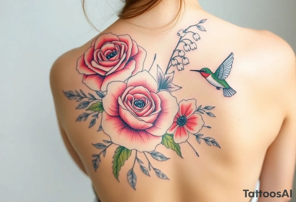 Bouquet of flowers with a carnation, rose, Lily of the valley, delphinium with stems Starting upper middle back to right shoulder With humming bird feeding on rose tattoo idea