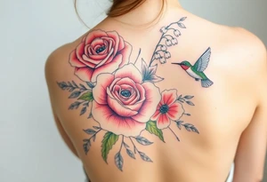 Bouquet of flowers with a carnation, rose, Lily of the valley, delphinium with stems Starting upper middle back to right shoulder With humming bird feeding on rose tattoo idea